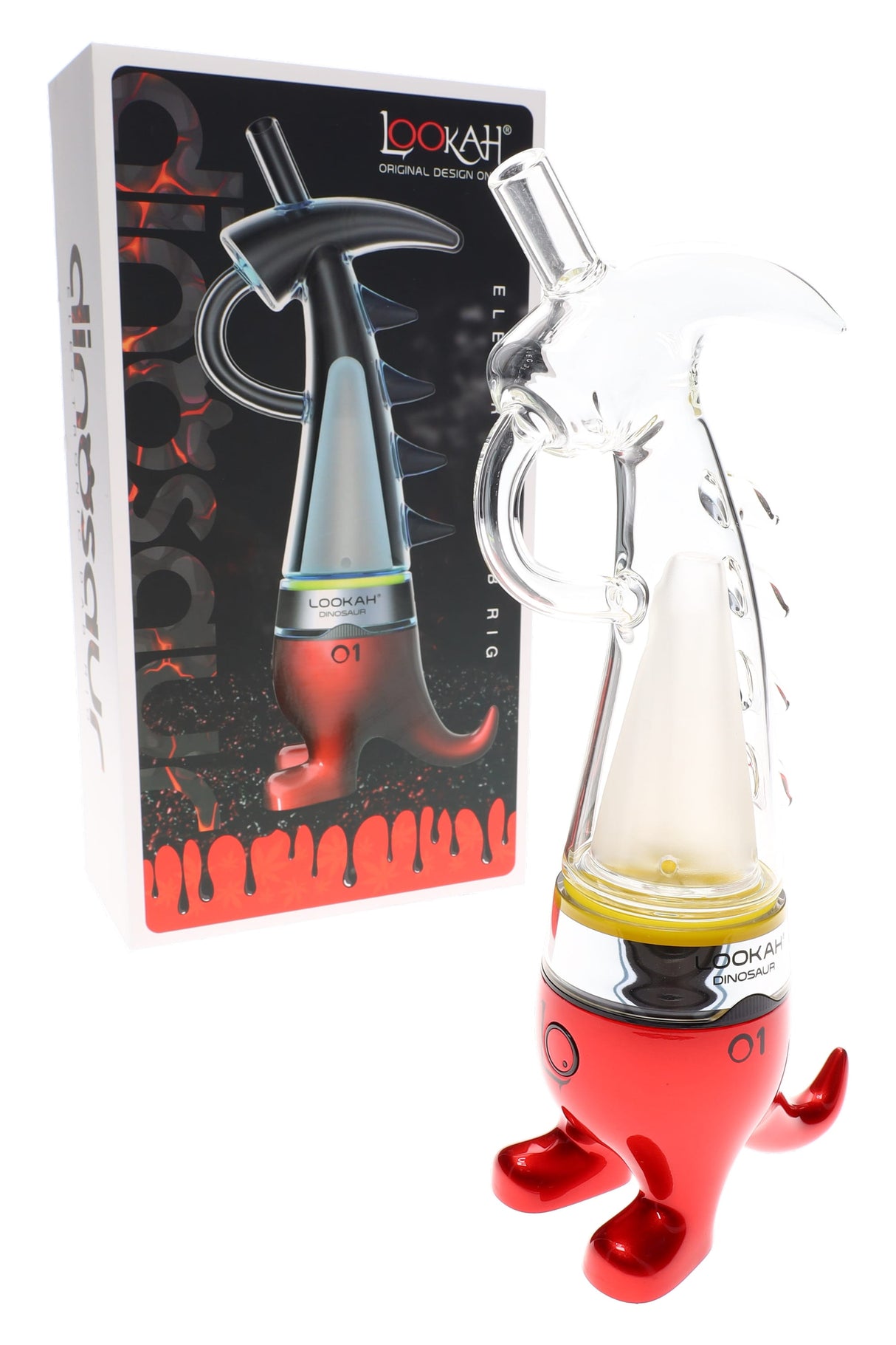 Red Lookah Dinosaur electric dab rig with clear glass body and 710 quartz cup coil, next to retail box.