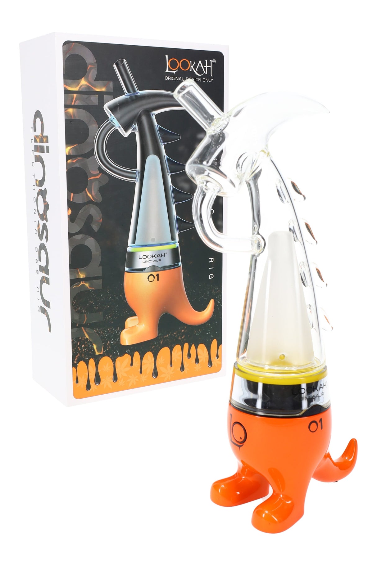 Orange Lookah Dinosaur e-rig standing upright, magnetic glass base connection visible beside packaging.