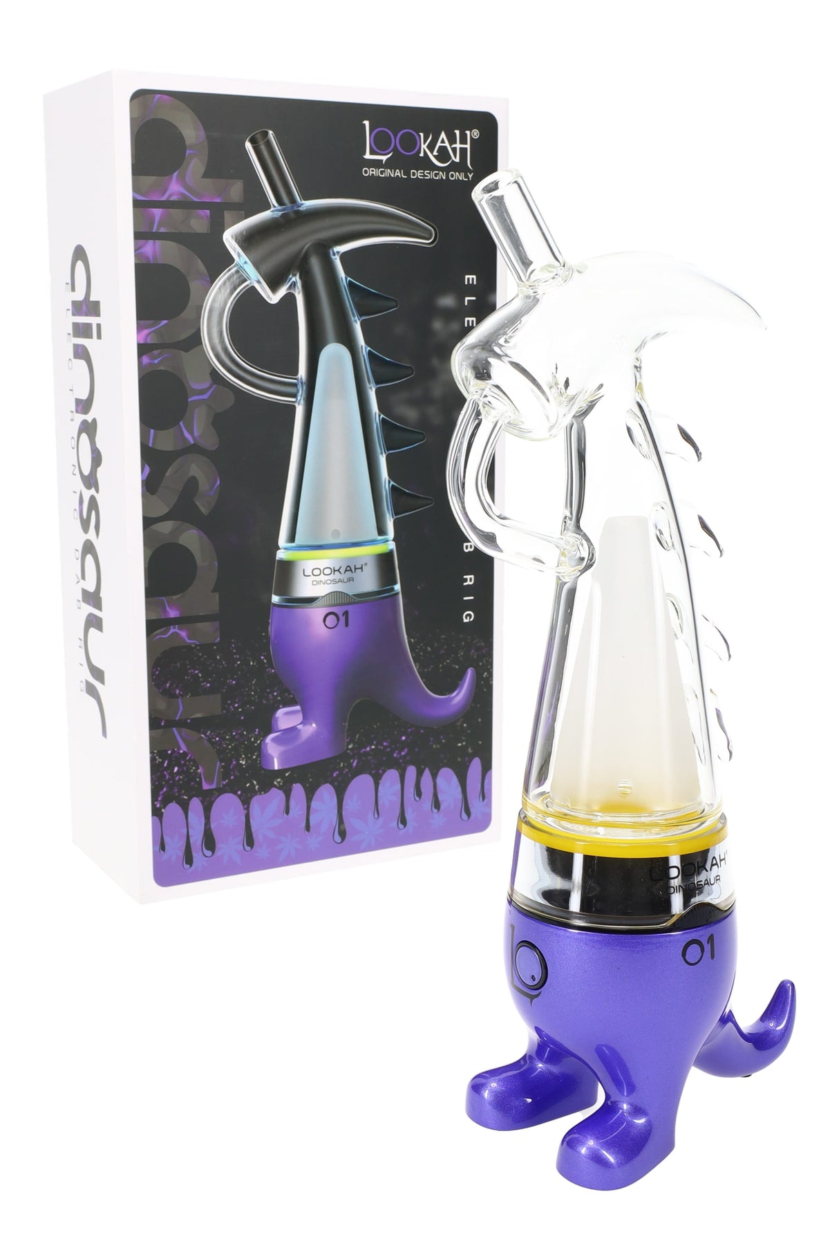 Purple Lookah Dinosaur electric dab rig with splash-guard bent head and quick-connect bubbler near box.