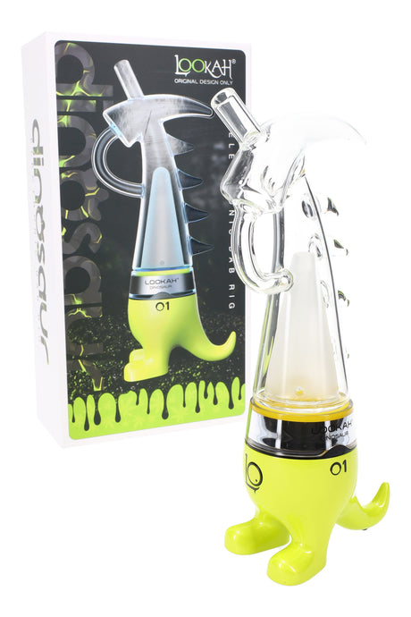 Neon yellow Lookah Dinosaur electric dab rig with glass bubbler and LED display shown beside retail box.