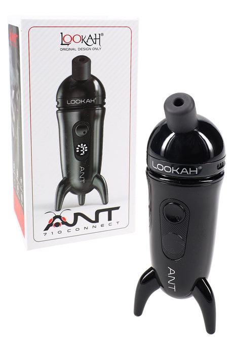 Black Lookah ANT wax pen beside packaging, compact metal body with USB-C charging and magnetic cap highlighted.