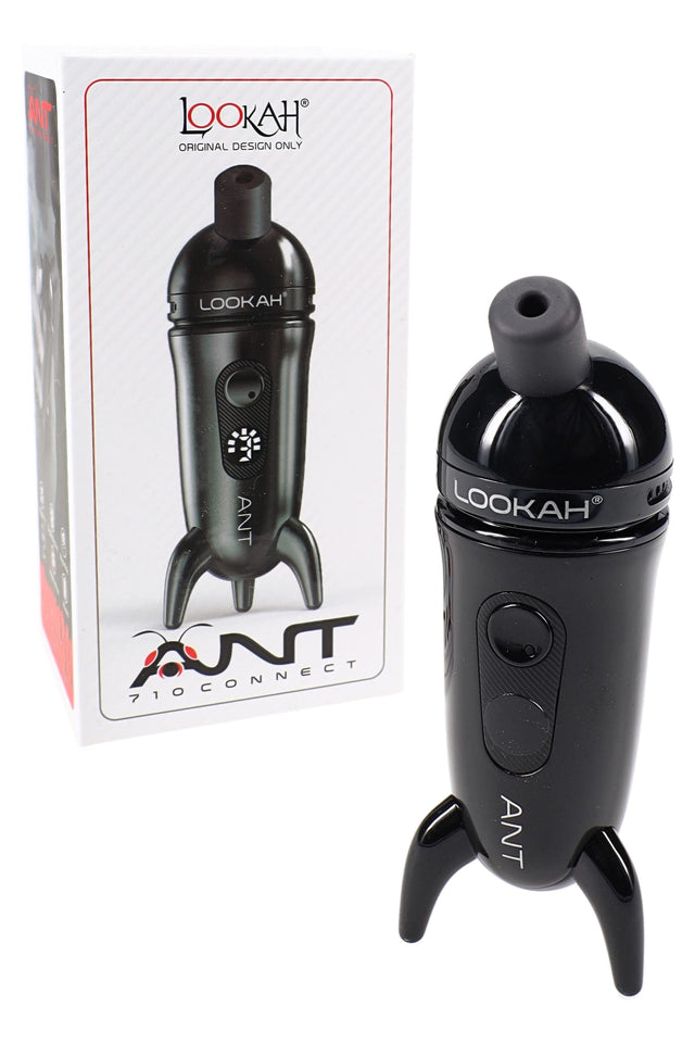Black Lookah ANT wax pen beside packaging, compact metal body with USB-C charging and magnetic cap highlighted.
