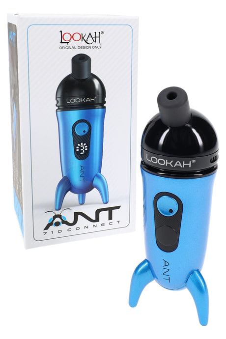 Lookah ANT portable vaporizer in metallic blue with black mouthpiece, shown beside matching retail box