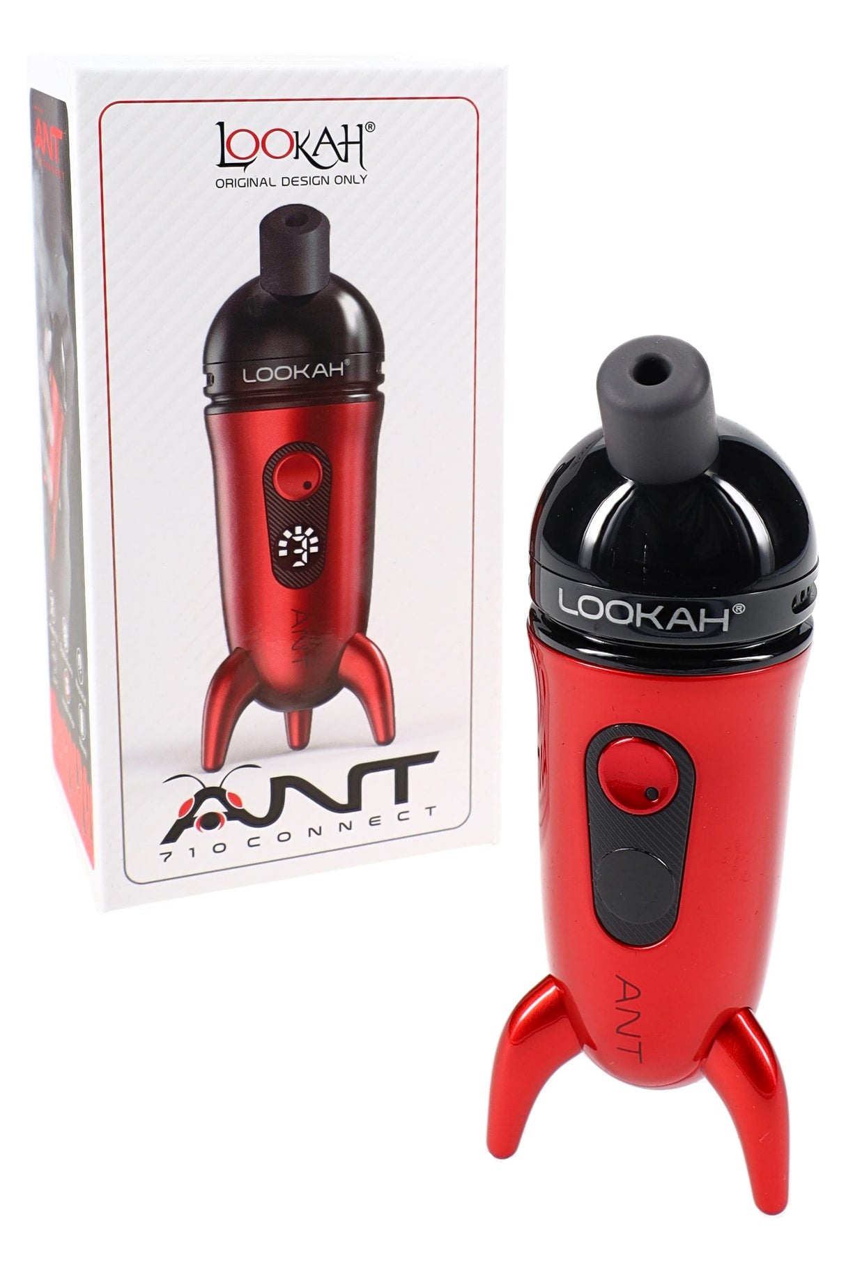 Red Lookah ANT wax pen with rocket-style legs and silicone mouthpiece placed by packaging, digital screen shown.