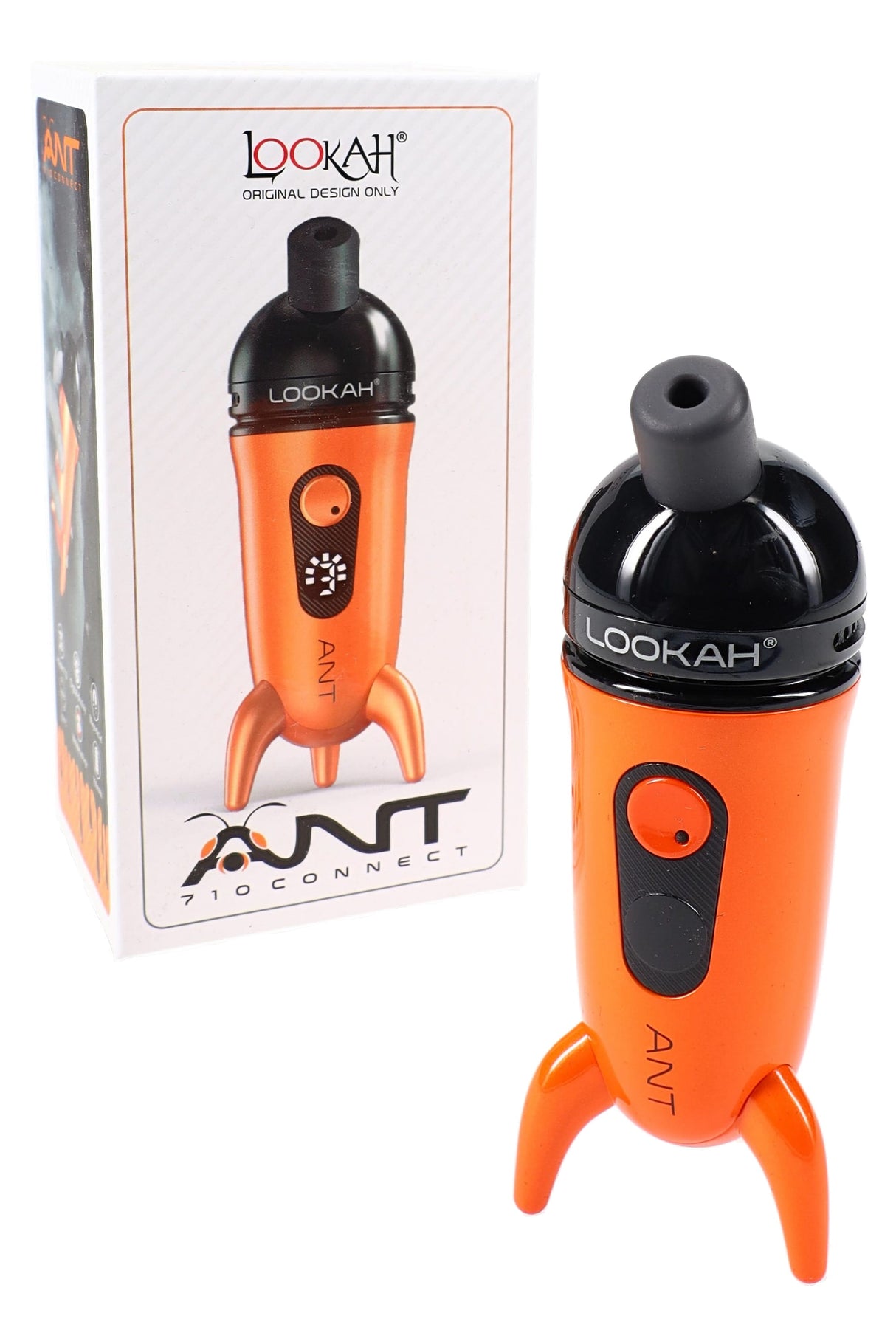 Orange Lookah ANT 710 Connect concentrate pen next to box, three voltage settings and digital readout visible.