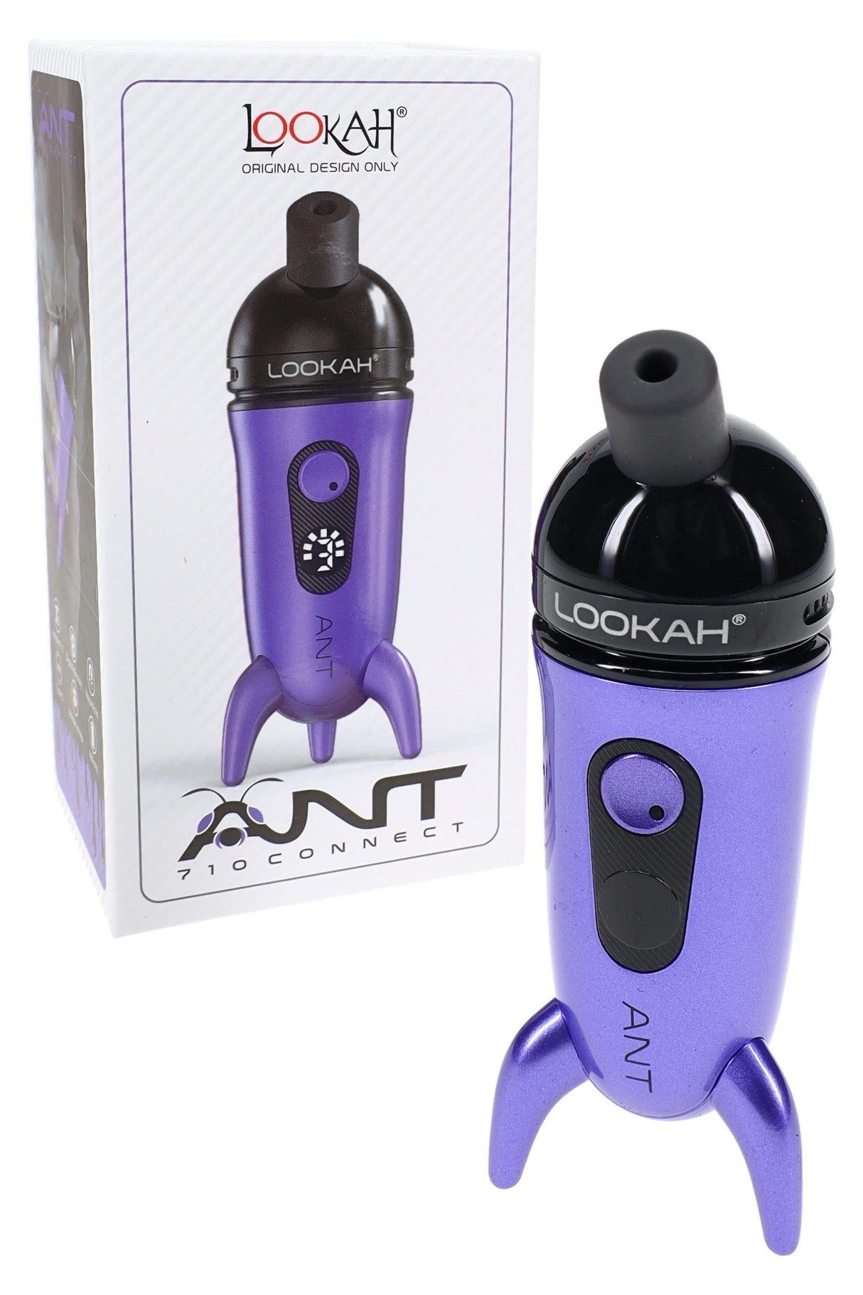Lookah ANT portable vaporizer in metallic purple with black mouthpiece, pictured with branded retail packaging