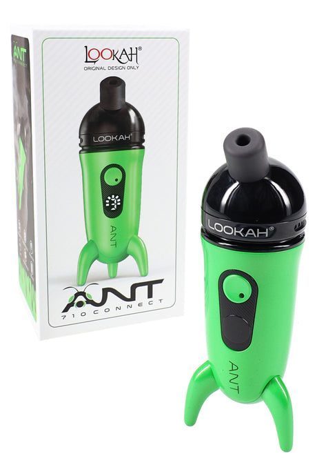 Green Lookah ANT wax vaporizer shown with box, quartz 710 coil compatibility and one-button control featured.