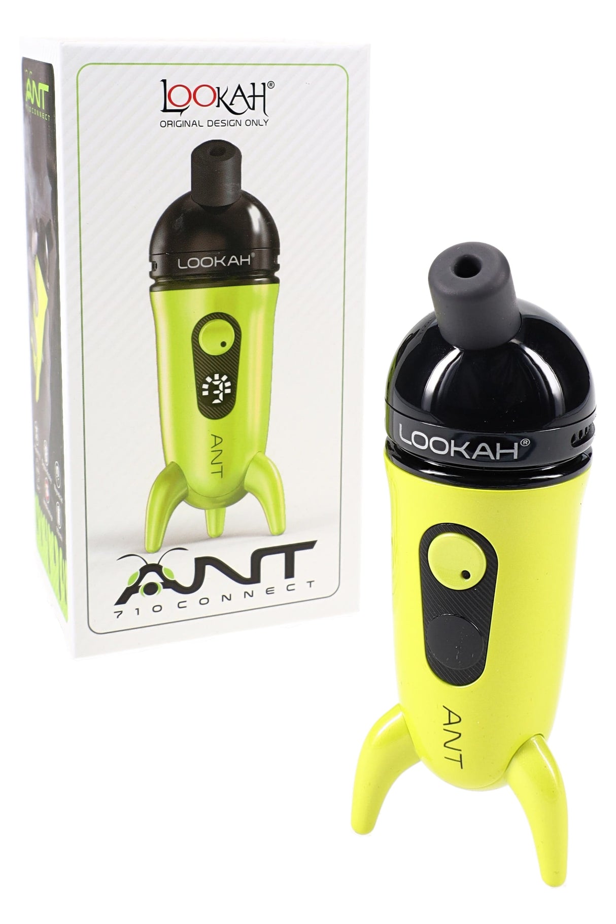 Neon green Lookah ANT 710 Connect wax pen with silicone mouthpiece, digital display, and tripod feet shown next to retail box.
