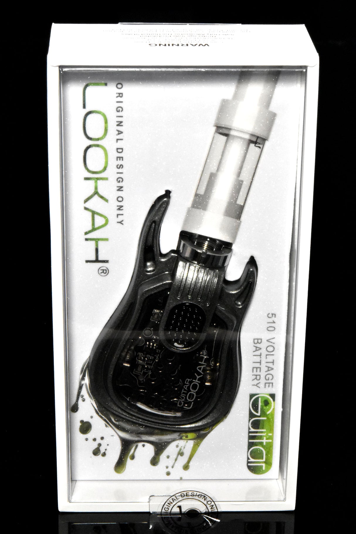 Black Lookah Guitar 510 battery in packaging, sleek mini guitar design with clear faceplate and buttoned grip area.