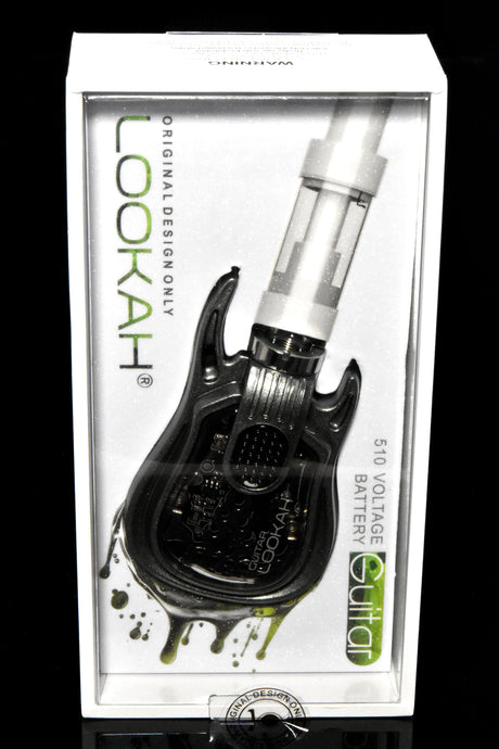 Black Lookah Guitar 510 battery in packaging, sleek mini guitar design with clear faceplate and buttoned grip area.