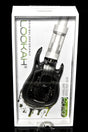 Black Lookah Guitar 510 battery in packaging, sleek mini guitar design with clear faceplate and buttoned grip area.