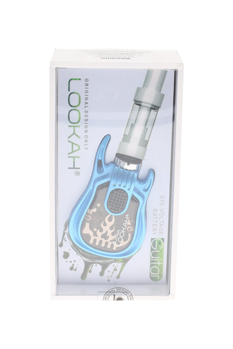 Blue Lookah Guitar 350 mAh 510 battery in retail box, guitar-shaped body with clear faceplate and top 510 port.