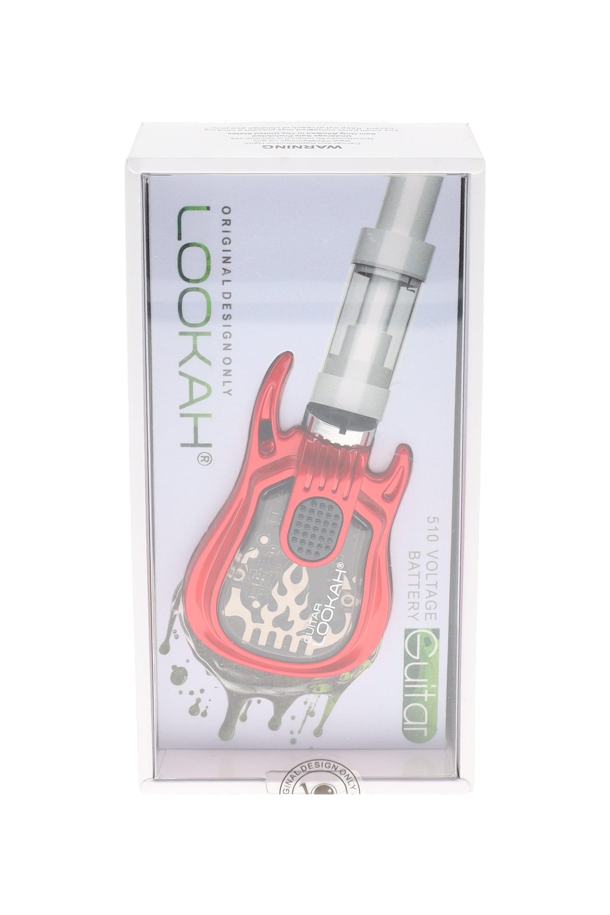 Red Lookah Guitar 510 vape battery packaged, miniature guitar silhouette with visible circuit window and threaded connector.