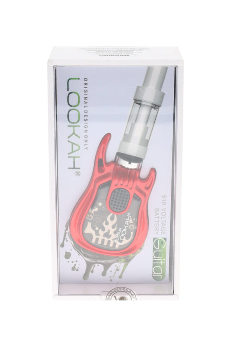 Red Lookah Guitar 510 vape battery packaged, miniature guitar silhouette with visible circuit window and threaded connector.