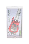 Red Lookah Guitar 510 vape battery packaged, miniature guitar silhouette with visible circuit window and threaded connector.