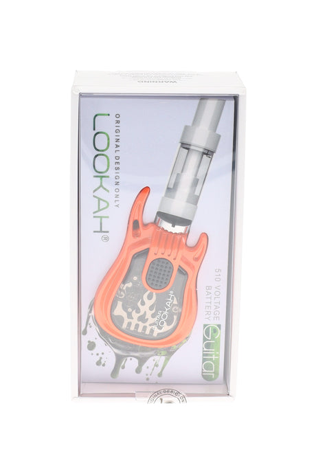 Orange Lookah Guitar 510 cartridge battery in box, compact novelty design with clear panel and single-button grip.
