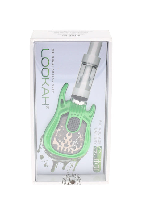 Green Lookah Guitar 510 battery retail pack, small guitar body with exposed circuit window and standard 510 thread.
