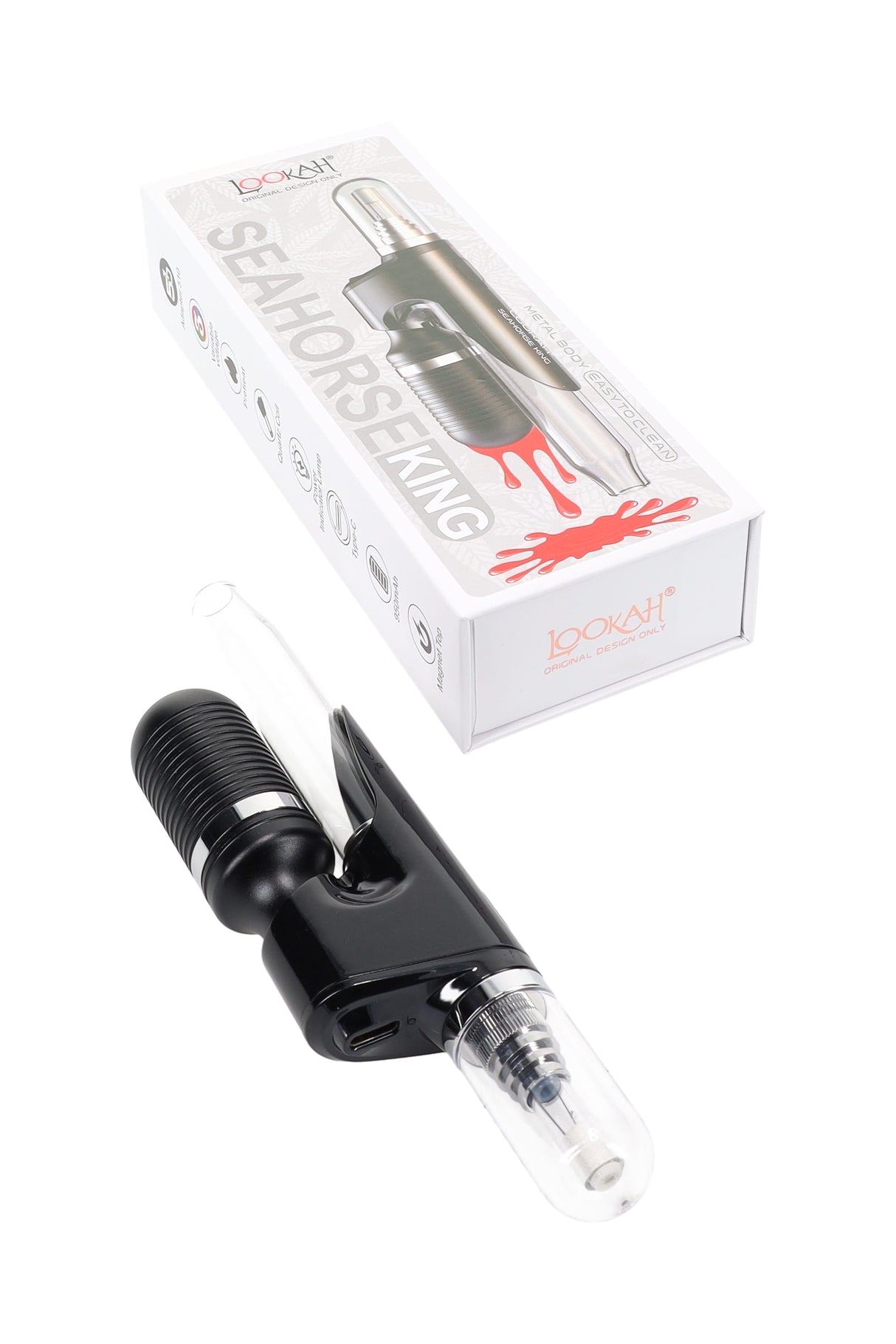 Black Lookah Seahorse King electronic dab straw with glass mouthpiece, quartz tip, and USB-C port beside retail box.