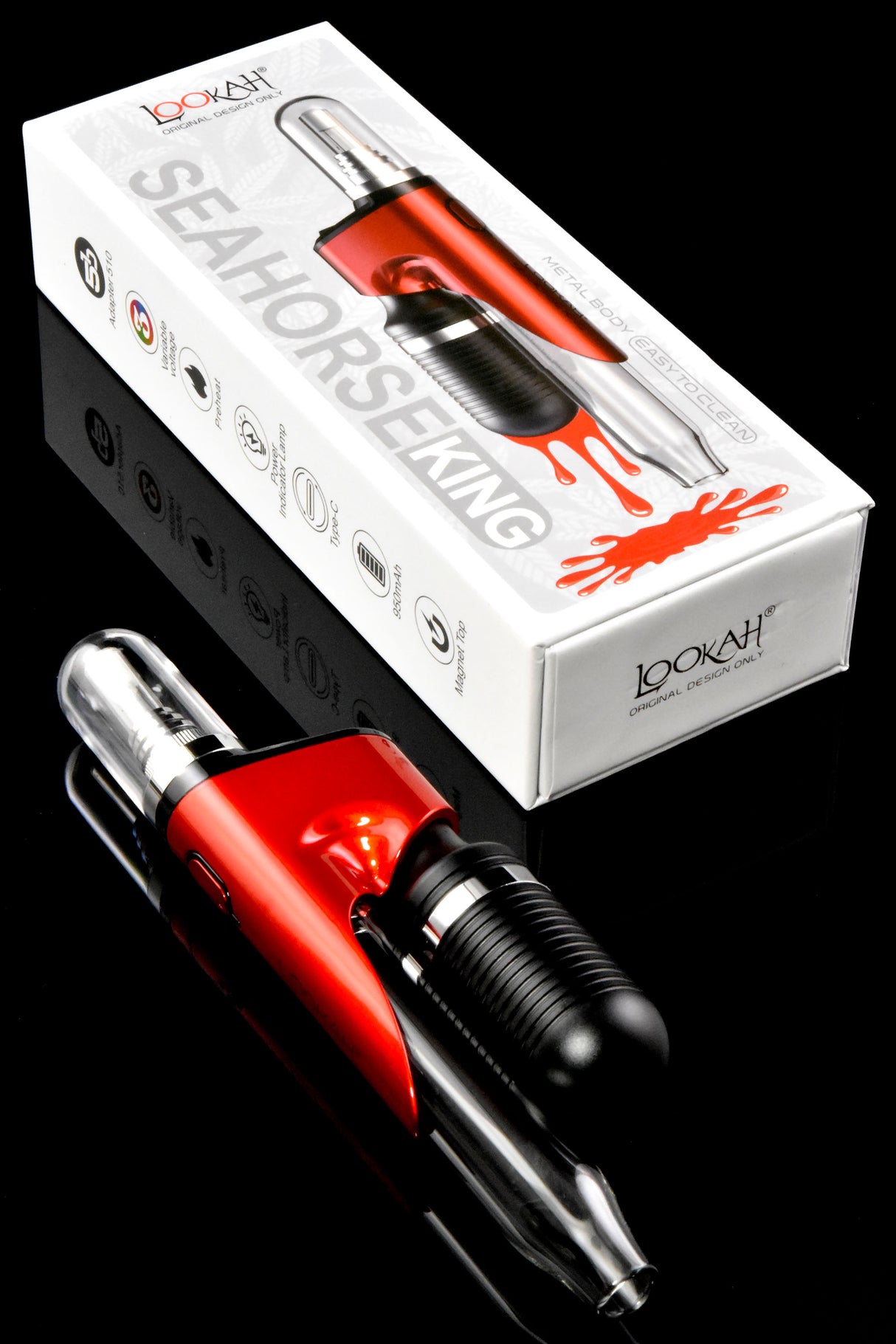 Red Lookah Seahorse King electronic dab straw on black background, quartz tip and side button shown with box.