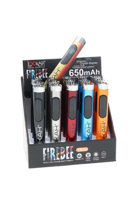 Lookah Firebee 510 vape battery 15-count display, 650 mAh, digital screen and Type-C charging in assorted colors.
