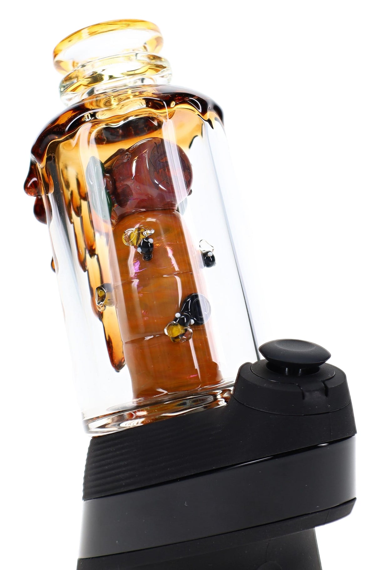 Save the Bees Puffco Peak attachment with clear glass body, honey-drip accents, bees, and beehive carb cap
