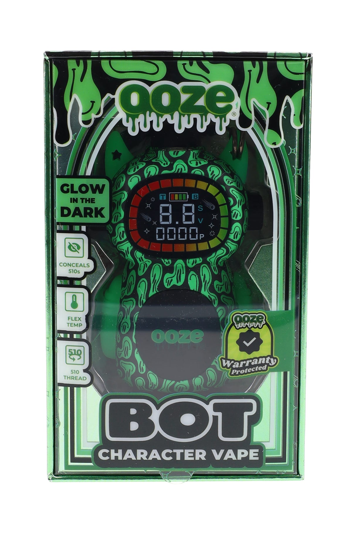 Glow-in-the-dark green Ooze BOT character 510 battery with digital screen, conceals 510 carts, USB-C charging, shown sealed in retail box.