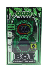 Glow-in-the-dark green Ooze BOT character 510 battery with digital screen, conceals 510 carts, USB-C charging, shown sealed in retail box.