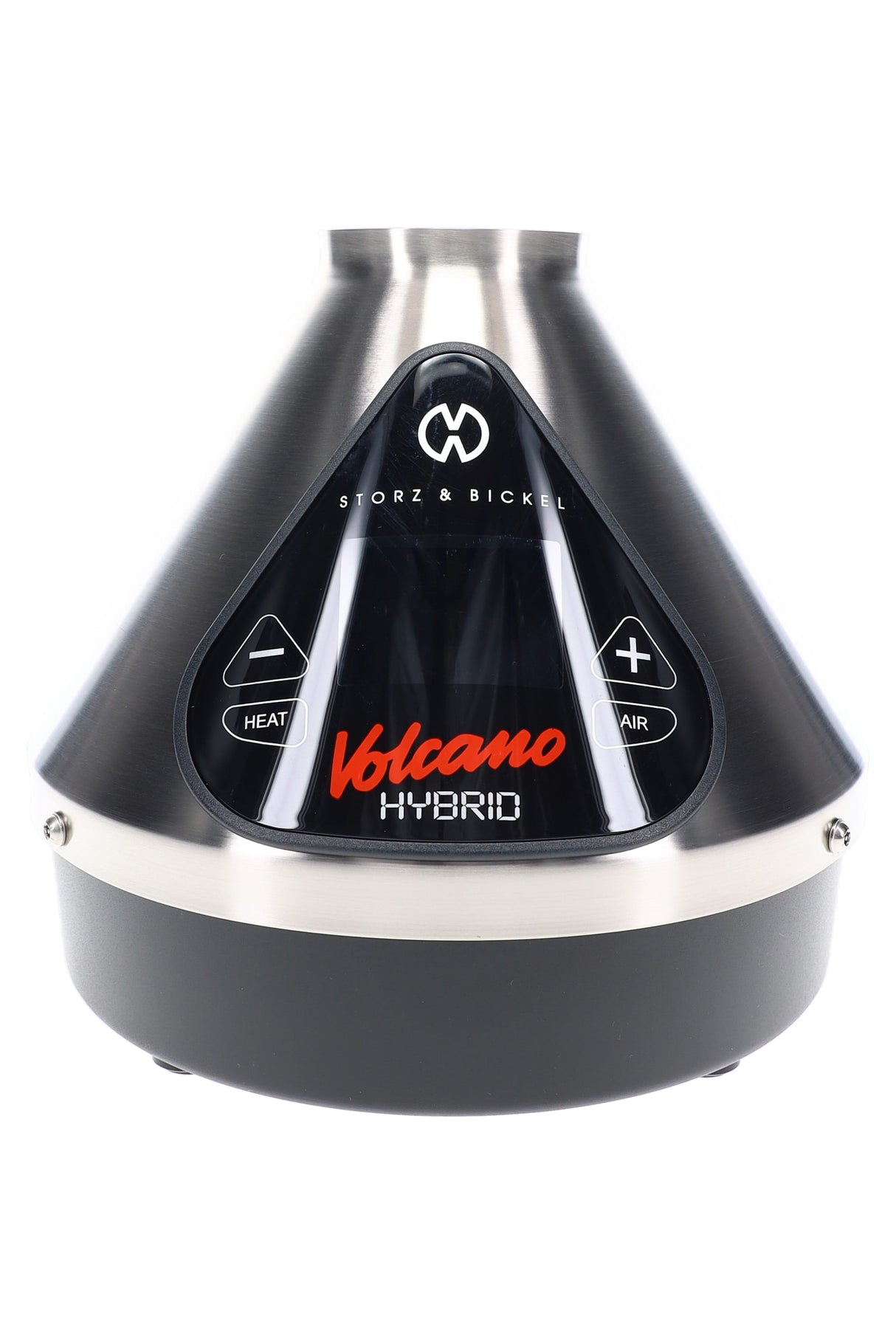 Volcano Hybrid vaporizer in stainless finish, straight-on view highlighting the sleek cone body and illuminated touchscreen.