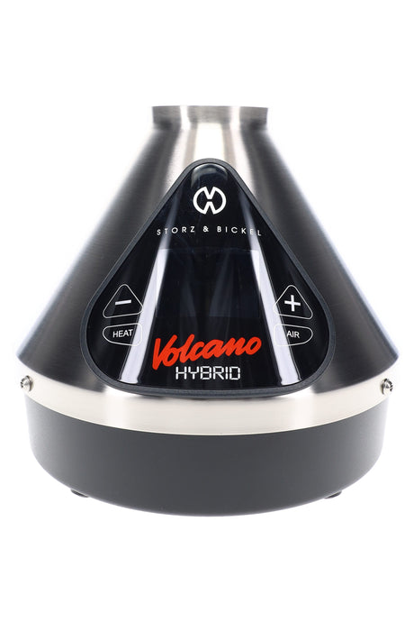 Volcano Hybrid vaporizer in stainless finish, straight-on view highlighting the sleek cone body and illuminated touchscreen.