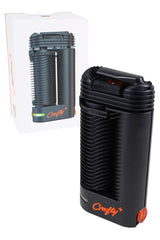 Crafty+ portable dry herb vaporizer angled view beside retail box, showing one-button top and rugged housing