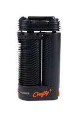 Crafty+ dry herb vaporizer front view with ribbed black body, orange logo, and compact pocket-ready build