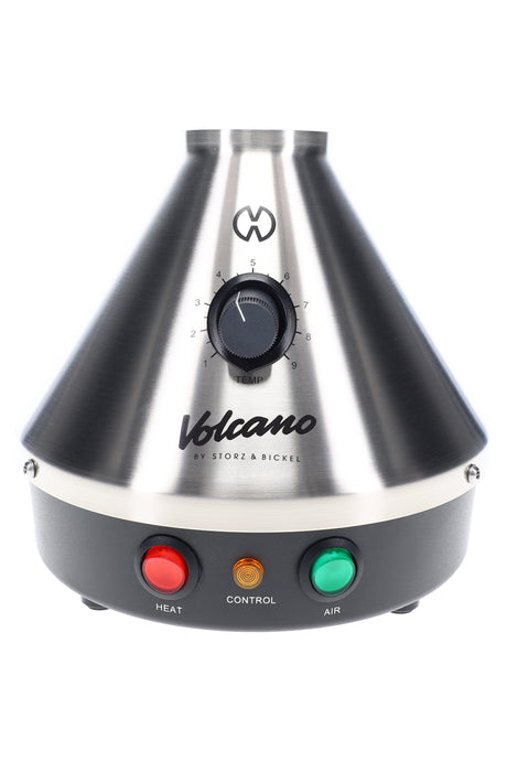 Volcano Classic desktop vaporizer in stainless Silver & Black finish, front view showing dial and HEAT, CONTROL, AIR buttons.