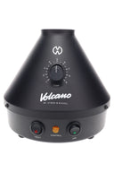 Volcano Classic in matte Onyx Black, close-up of analog temperature dial and control buttons on the cone-shaped base.