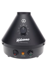 Volcano Classic in matte Onyx Black, close-up of analog temperature dial and control buttons on the cone-shaped base.