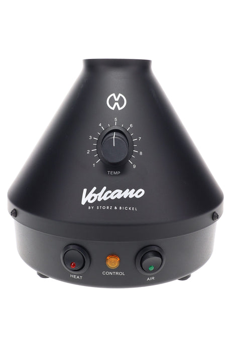 Volcano Classic in matte Onyx Black, close-up of analog temperature dial and control buttons on the cone-shaped base.