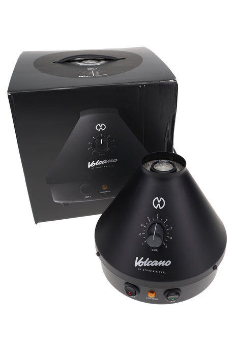 Storz & Bickel Volcano Classic vaporizer in Onyx Black with retail box, analog temperature dial and balloon outlet visible on top.