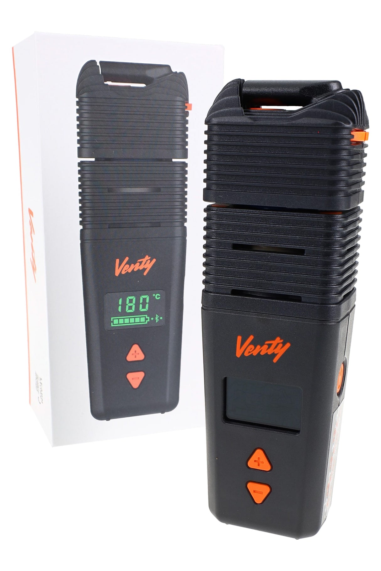 VENTY portable herb vaporizer angled beside retail box, showing airflow wheel, screen, and compact black body