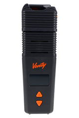 VENTY dry herb vaporizer front view with ribbed cooling unit, orange logo, and plus/minus buttons