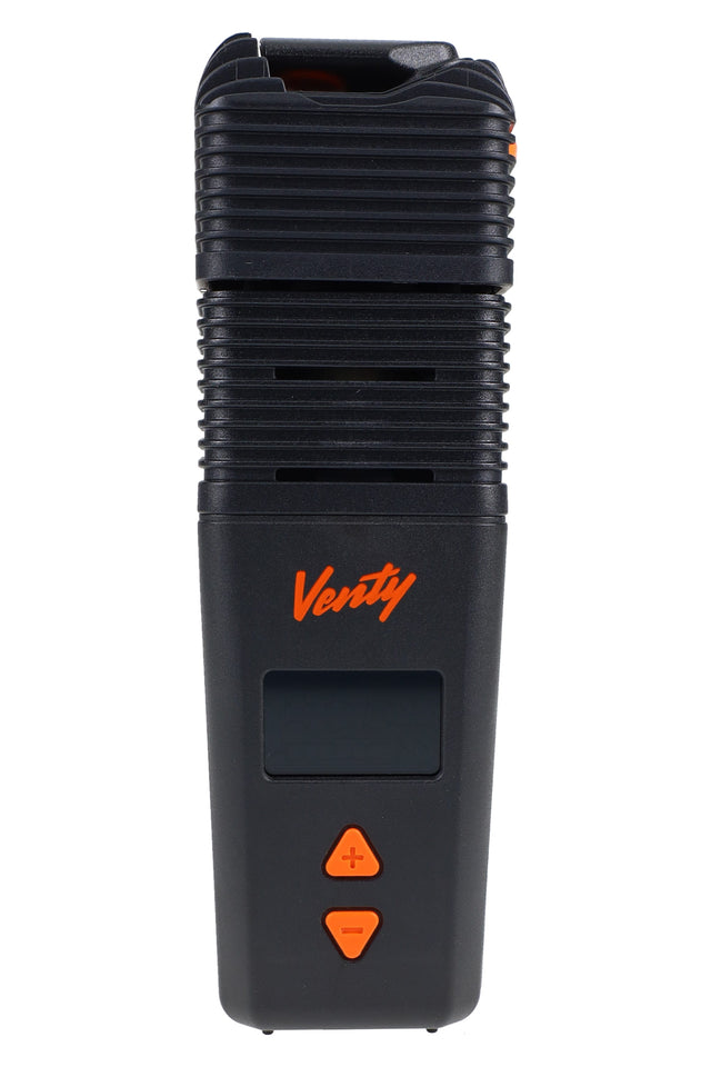 VENTY dry herb vaporizer front view with ribbed cooling unit, orange logo, and plus/minus buttons