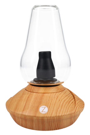Zenco Uno desktop vaporizer in wood finish with clear glass cup and black diffuser, compact auto-fill “vapor by the glass” device.