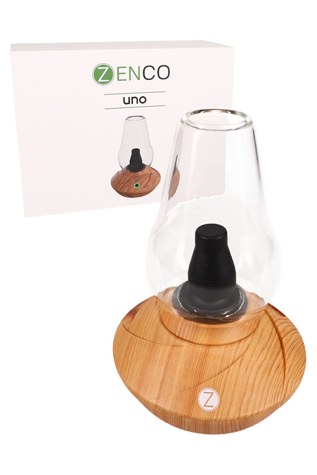 Zenco Uno in wood finish shown beside retail box, highlighting removable dishwasher-safe glass and compact desktop base.