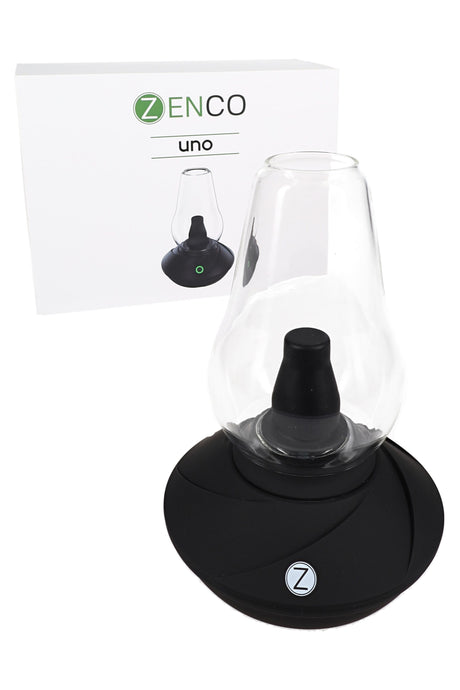 Zenco Uno Onyx finish displayed next to retail packaging, showing 510-ready base and interchangeable glass cup.