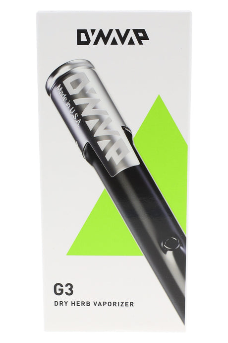 DynaVap G3 retail box featuring the black glass uni-body vape with Captive Cap and bold green accent triangle.