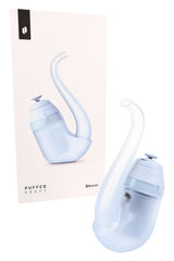 Puffco New Proxy modular vaporizer in Bloom next to retail box, frosted sherlock glass pipe and Bluetooth-enabled base.