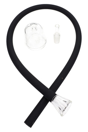 Complete MJ Arsenal Bridge kit for Puffco Peak with silicone hose, tapered glass tip, adapter, and glass top laid out on white background.