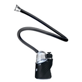 MJ Arsenal Bridge hose connected to Puffco Peak, extended silicone whip with tapered glass mouthpiece shown in use orientation.