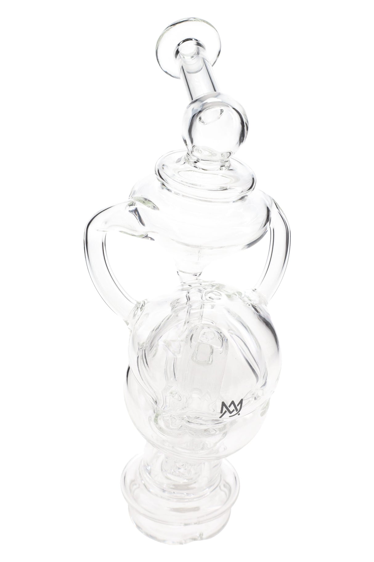 Clear MJ Arsenal Fabcycler glass top for Puffco Peak with angled mouthpiece and recycler chambers, shown upright on white background.