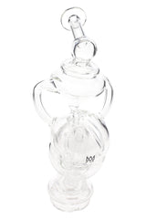 Clear MJ Arsenal Fabcycler glass top for Puffco Peak with angled mouthpiece and recycler chambers, shown upright on white background.