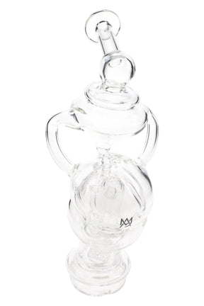 Clear MJ Arsenal Fabcycler glass top for Puffco Peak with angled mouthpiece and recycler chambers, shown upright on white background.