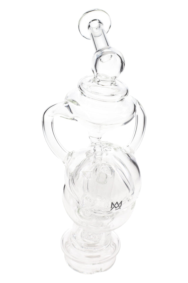 Clear MJ Arsenal Fabcycler glass top for Puffco Peak with angled mouthpiece and recycler chambers, shown upright on white background.
